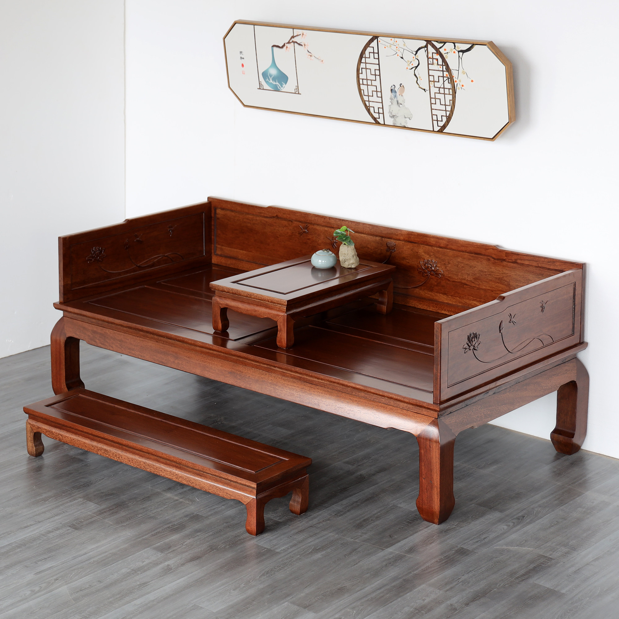 实木罗汉床三件套新中式金花梨木禅意沙发床贵妃榻简约雕花单人床