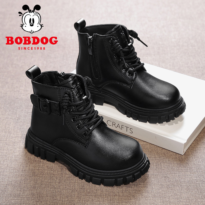 巴布豆童鞋儿童马丁靴秋冬季黑色软底女童靴子男童英伦风休闲短靴