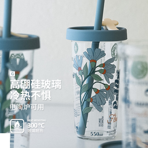 GOING HOME硅胶吸管耐高温透明玻璃夏日水杯高颜值女生大容量杯子