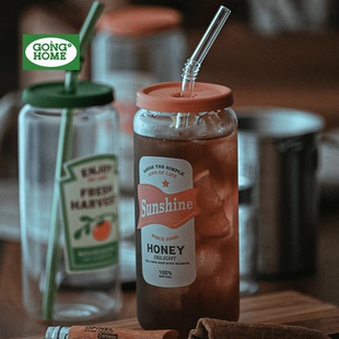 高颜值吸管杯情侣杯可乐杯特别好看 水杯带盖耐高温易拉罐玻璃杯