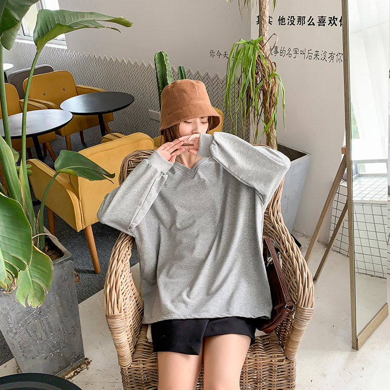 V领t恤女春秋慵懒风oversize套头大码宽松显瘦小众秋冬长袖上衣