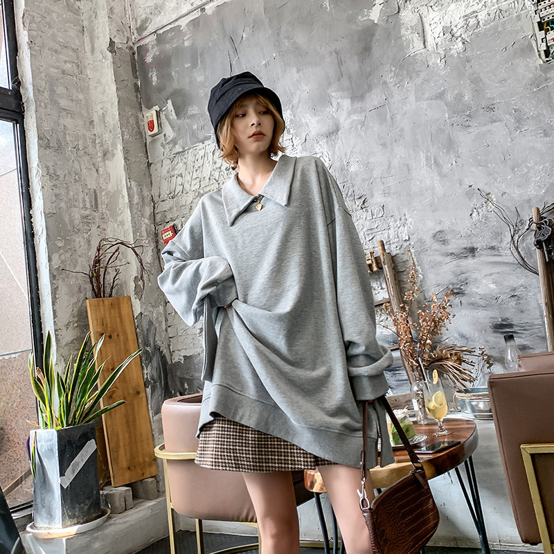 长袖卫衣女秋季polo翻领中长款大码宽松韩版慵懒风上衣个性外套潮