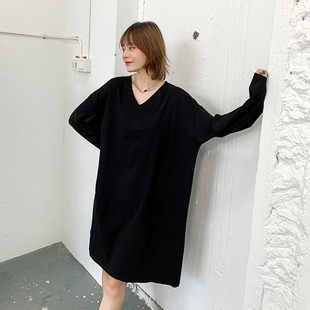 韩版春秋长袖t恤女v领中长款宽松过膝纯棉连衣裙大码慵懒风懒人裙