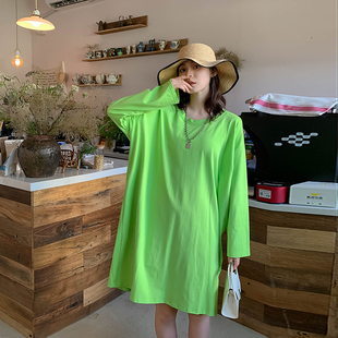 大圆领长袖t恤女长款纯棉大码宽松遮肉显瘦遮屁股慵懒风懒人T恤裙