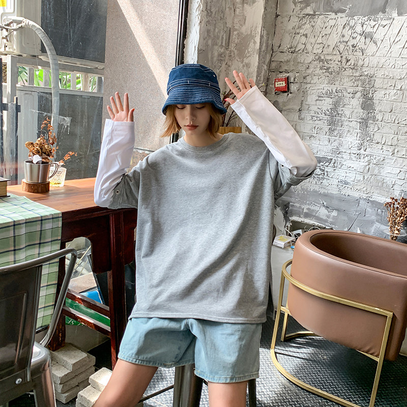 假两件长袖t恤女韩版宽松新款纯棉开叉拼接撞色春秋港风卫衣