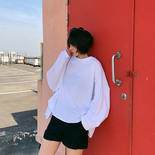 长袖t恤女春秋韩版下摆不规则前短后长宽松蝙蝠袖纯棉慵懒风上衣