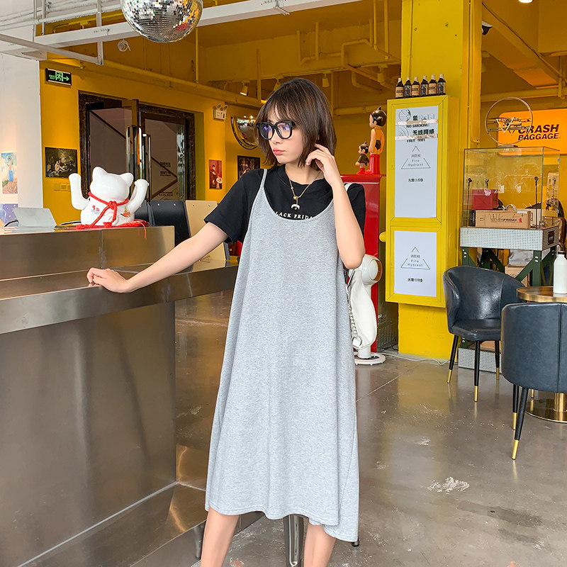 吊带连衣裙女夏季中长款宽松过膝休闲抽绳系带无袖内搭纯棉背心裙