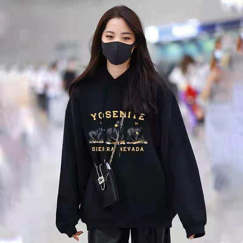 欧阳娜娜同款小熊卫衣女黑色连帽毛圈宽松大码秋冬加绒圆领打底衫