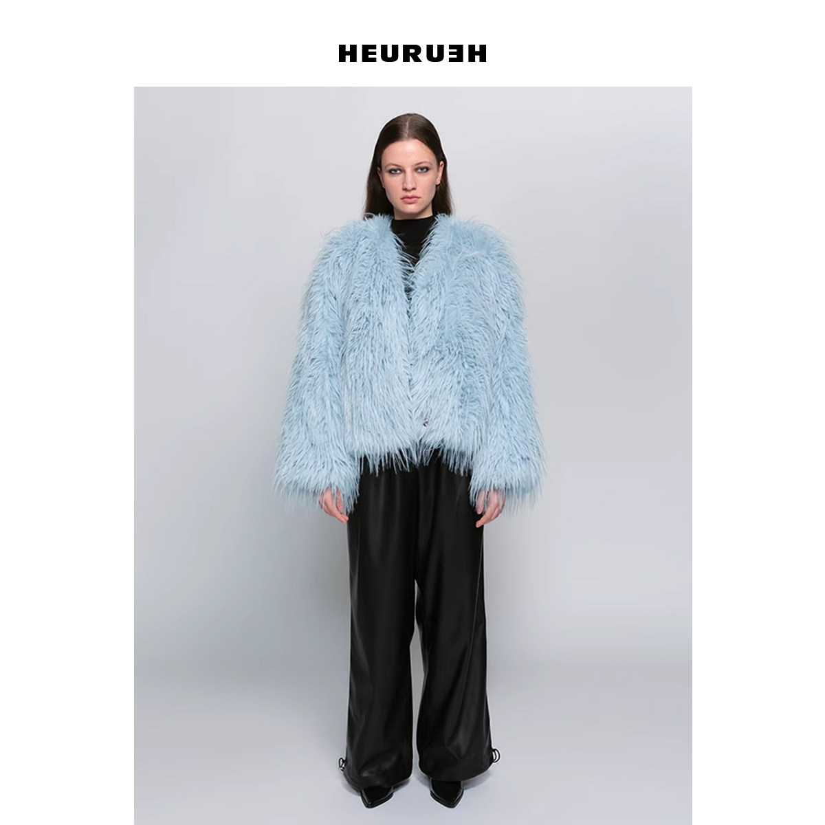 Heurueh仿驼鸟毛短款大衣