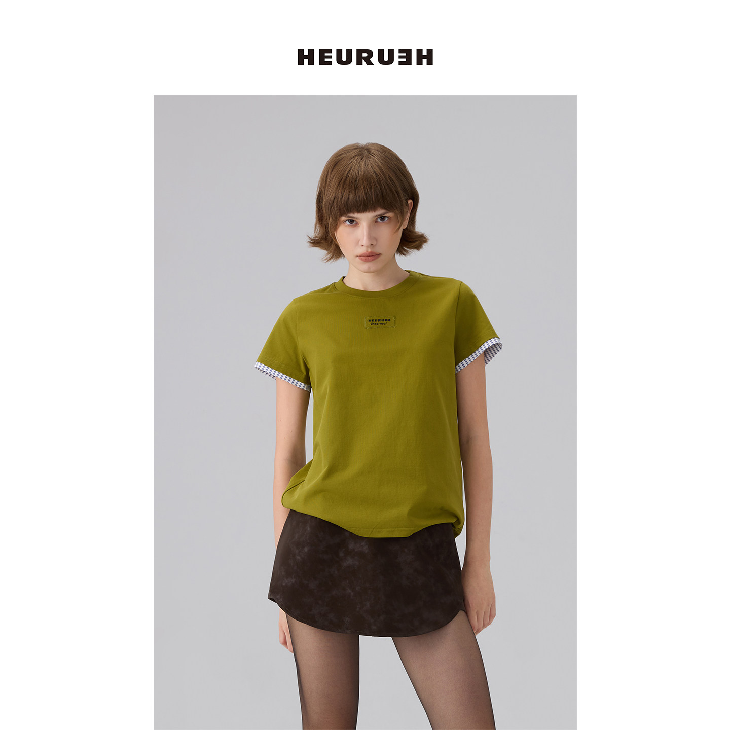 HEURUEH假两件logo刺绣短袖t恤