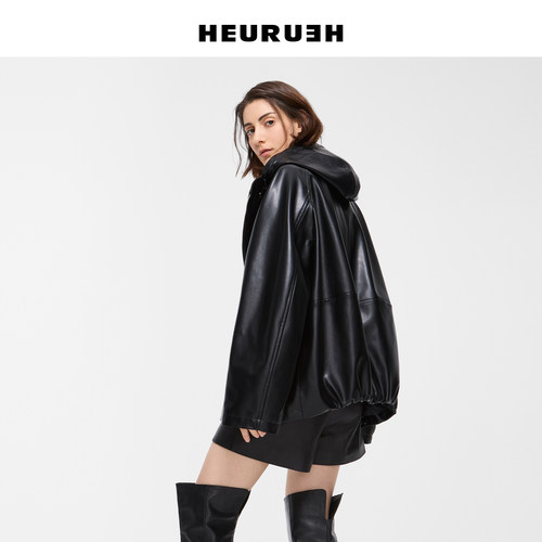 HEURUEH廓形连帽PU皮衣