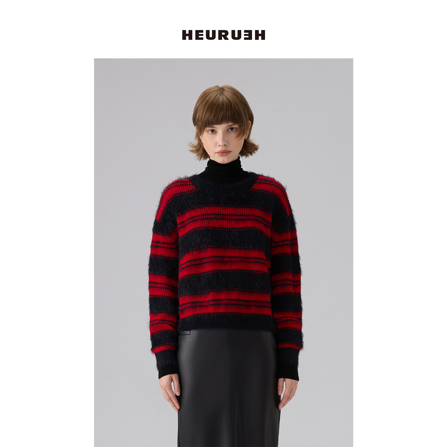 HEURUEH 杨紫同款圆领套头条纹短款红色毛衣2025新款冬季针织