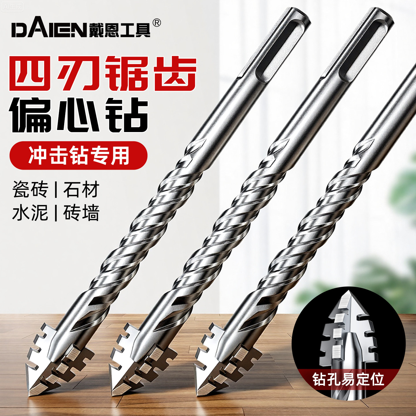 加长四刃锯齿偏心钻头圆柄两坑两槽电锤冲击钻混凝土钻孔瓷砖打孔