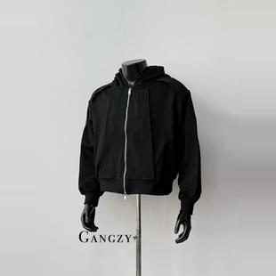 Gangzy秋冬通勤cleanfit剪裁boxy基础纯色短款 双层连帽卫衣外套