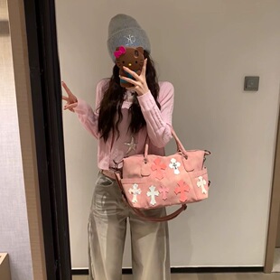 欧美风女包高颜值粉白配色十字架气质Y2K时尚通勤情侣斜挎托特包