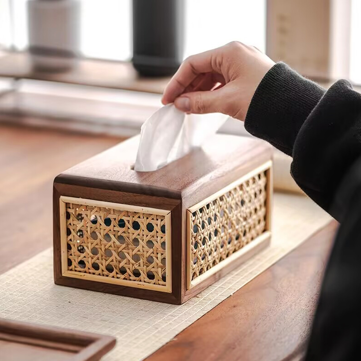 每莉胡桃木色藤编纸巾盒日式实木中古风高级感收纳抽纸盒客厅餐厅