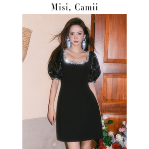 Misi.Camii新款钻饰方领修身礼服闪亮黑色轻奢大气灯笼袖连衣裙
