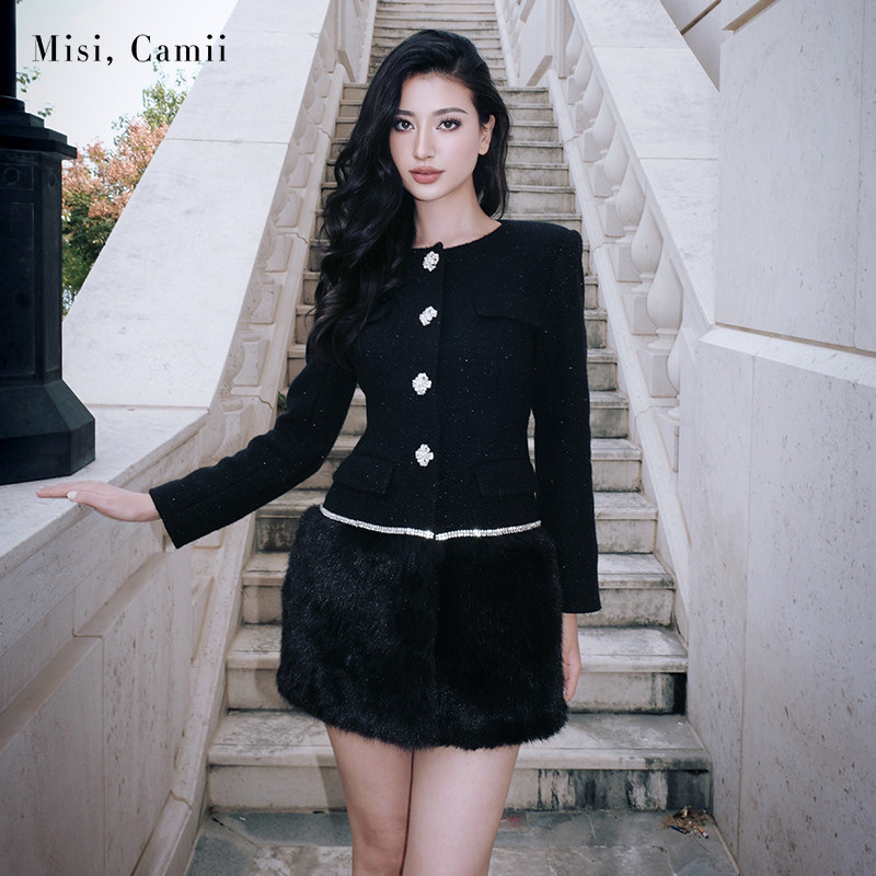 Misi.Camii链饰毛毛拼接呢外套