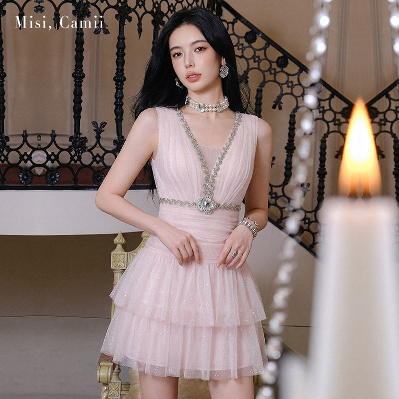 Misi.Camii2026春夏新款女装立体花银点网纱礼服裙名媛时尚连衣裙