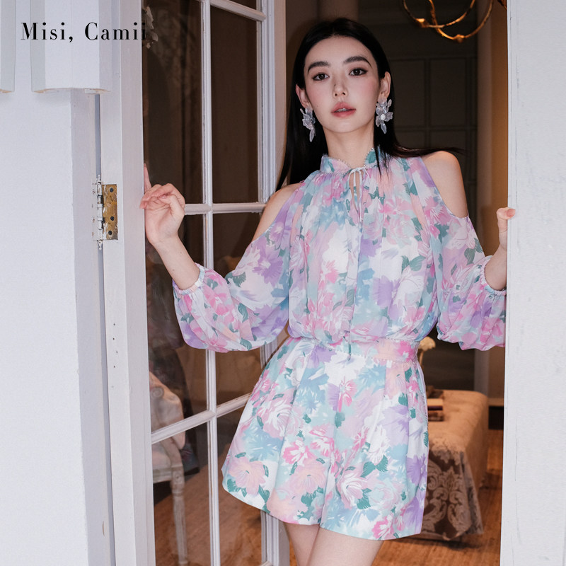 Misi.Camii2024春夏新款印花露肩立领A型上衣名媛轻奢时尚感百搭