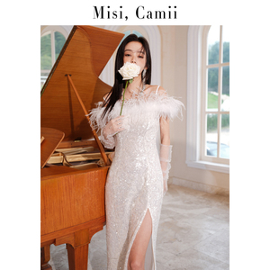 Misi,Camii女装春夏鸵鸟毛亮片一字肩轻奢名媛高端礼服宴会连衣裙