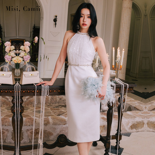 Misi.Camii钻饰钉珠缎面礼服裙