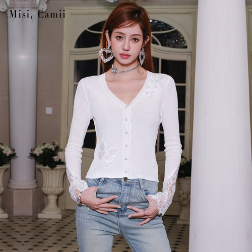 Misi.Camii钻饰蕾丝拼接针织上衣