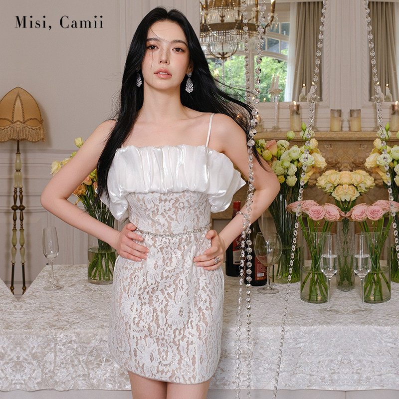Misi.Camii2026春夏新款女装一字肩缎光纱蕾丝礼服名媛时尚连衣裙