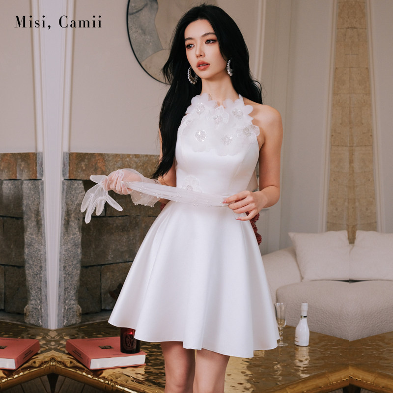 Misi.Camii钻饰立体花削肩礼服裙