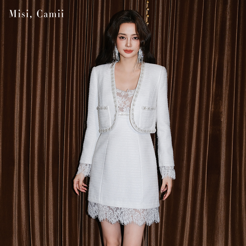 Misi.Camii钉珠蕾丝V领花呢外套