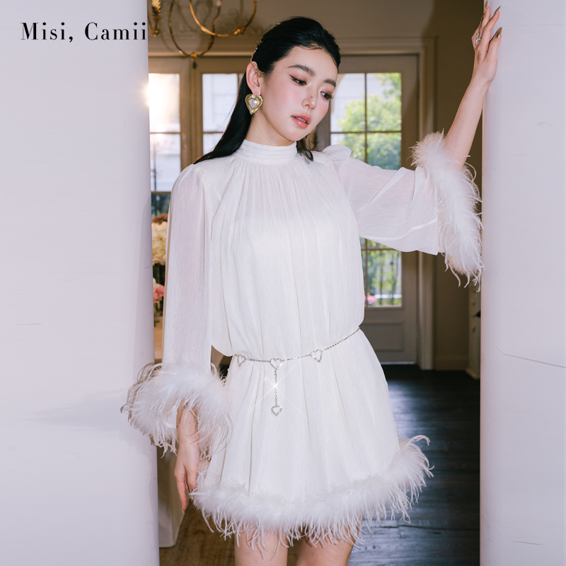 Misi.Camii2024春夏新款羽毛袖宽松A型女装连衣裙时尚