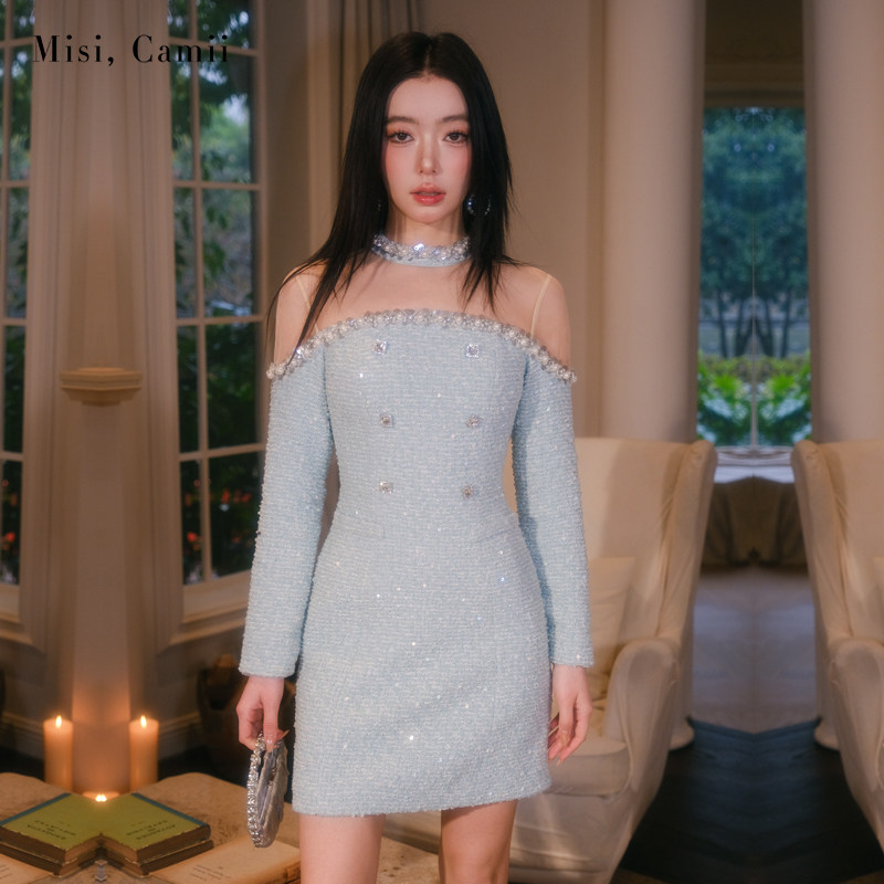 Misi,Camii名媛A字裙钉珠露肩