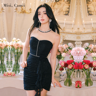 Misi.Camii2024新款 钻饰烫银褶皱小礼服名媛婚宴敬酒服连衣裙 女装