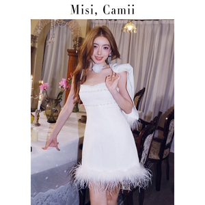 Misi.Camii早秋新款女士轻奢原创设计名媛风钉珠羽毛边花呢连衣裙