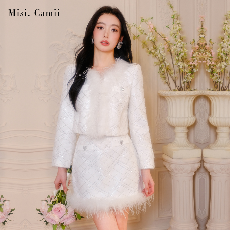 Misi,Camii小香风短款羽毛领外套