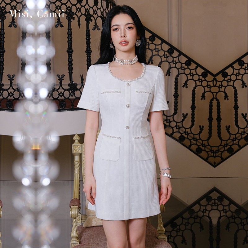 Misi.Camii钉珠针织短袖连衣裙