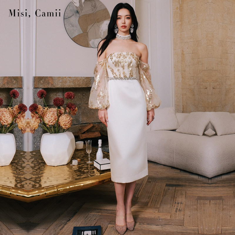 Misi.Camii2024秋冬新款女装珠片蝴蝶一字肩礼服名媛风轻奢连衣裙