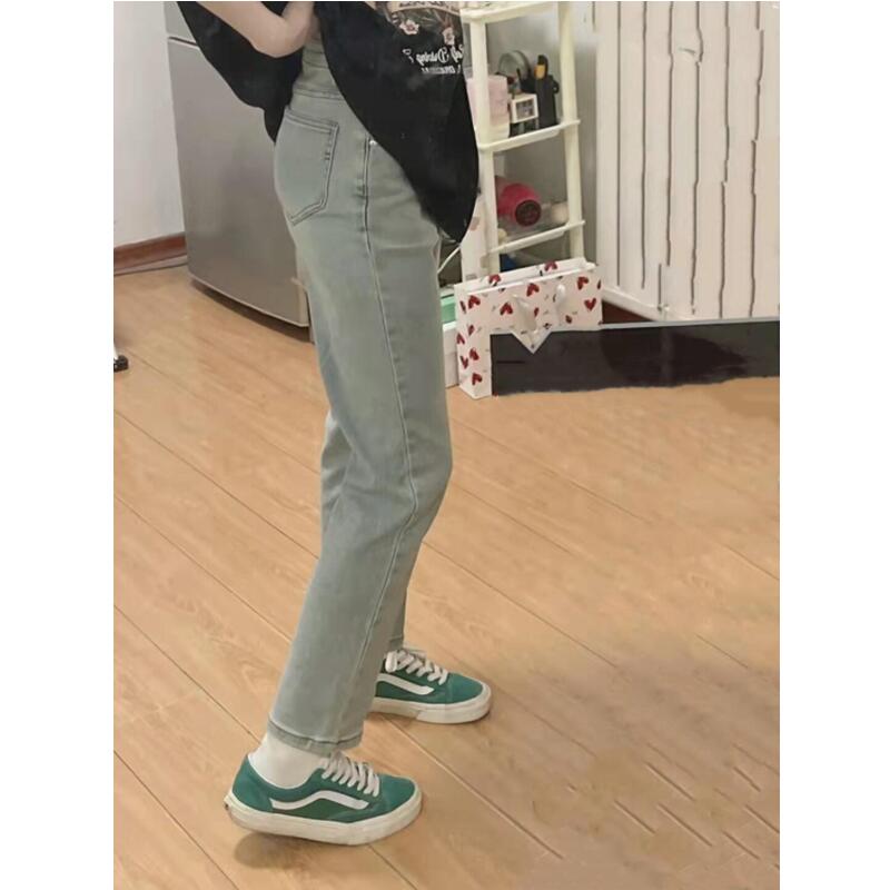 高弹力水洗蓝九分牛仔裤女2022年夏季薄款高腰浅色百搭八分烟管裤