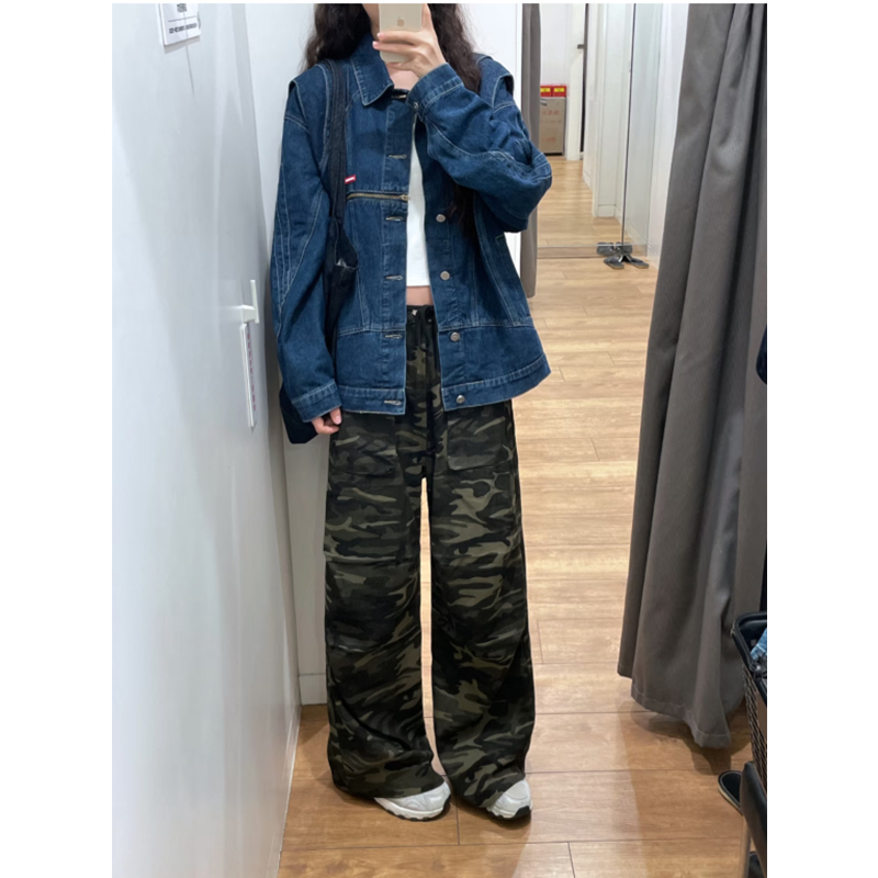 复古迷彩阔腿牛仔裤女夏季薄款高腰抽绳显瘦宽松窄版直筒工装长裤