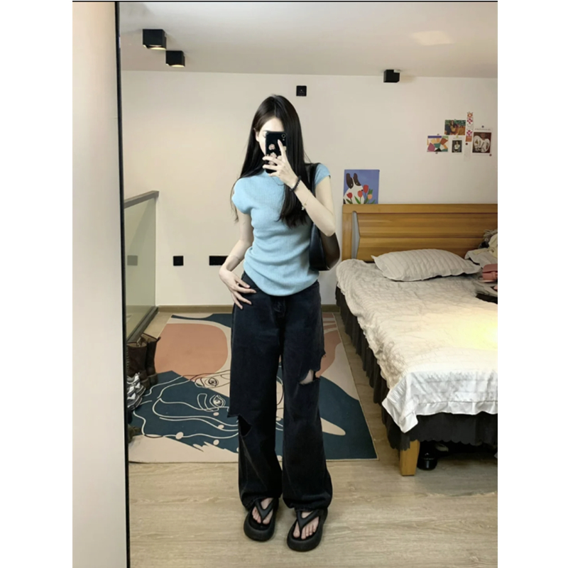 黑色破洞阔腿牛仔裤女夏季薄款新款高腰显瘦宽松直筒设计感裤子潮