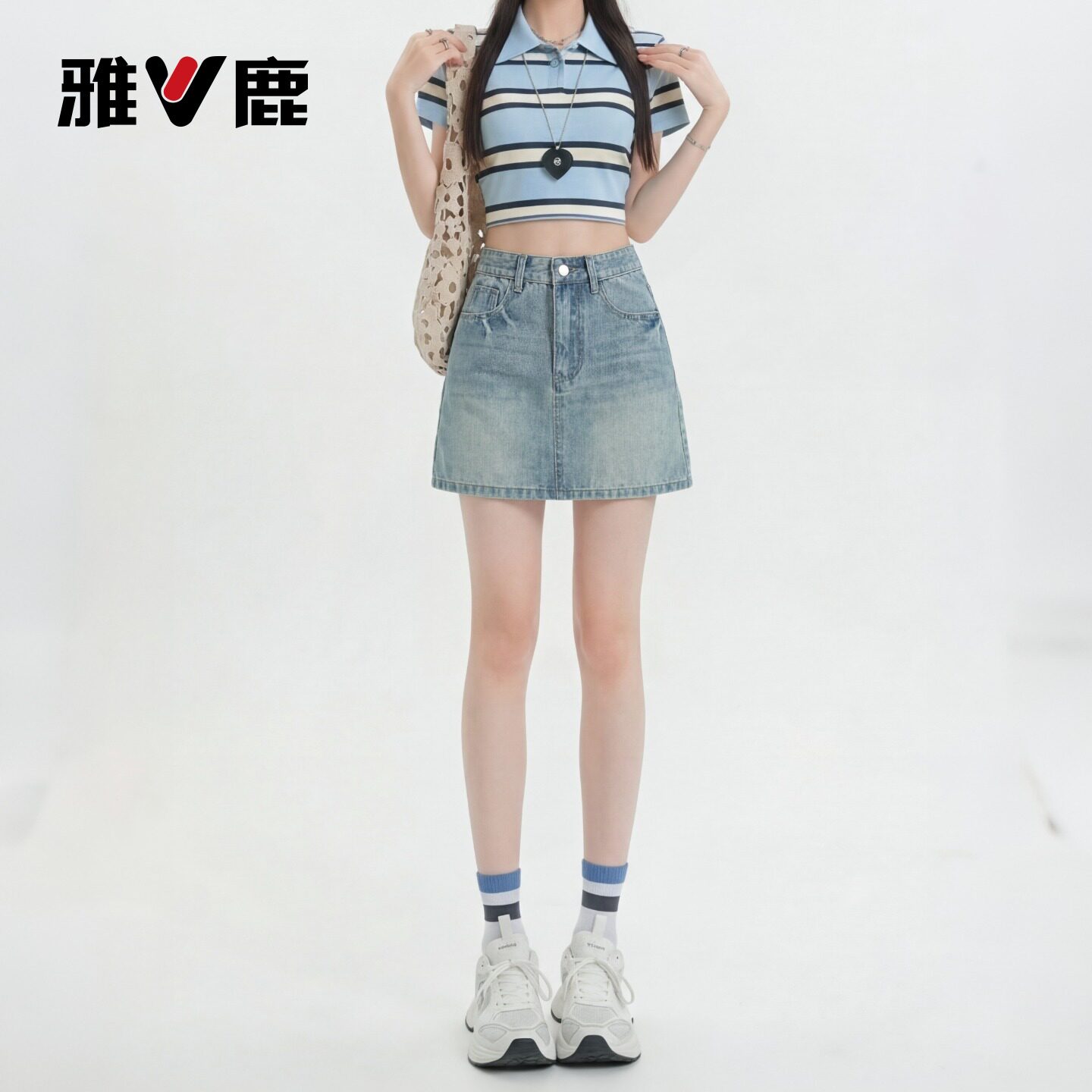雅鹿浅蓝色高腰牛仔短裙女夏季小个子百搭显瘦A字包臀半身裙子YM