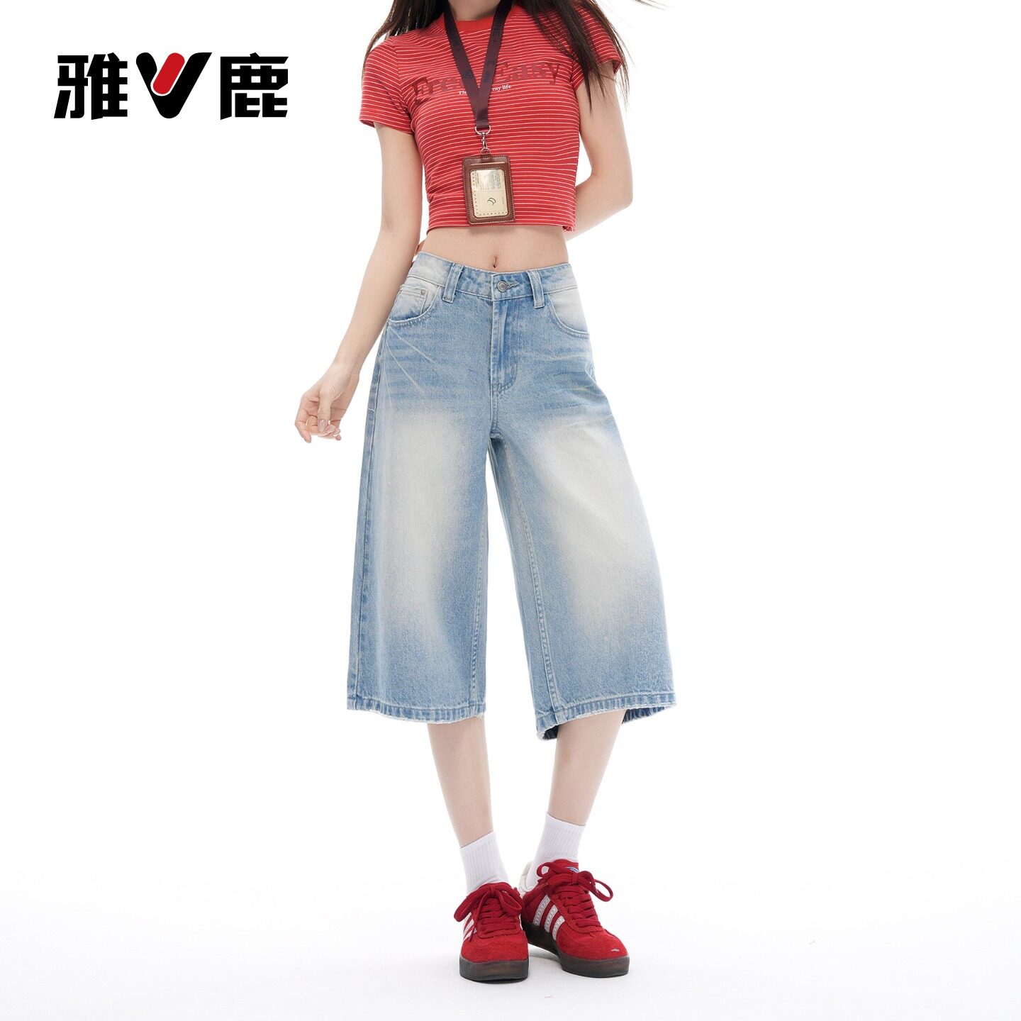雅鹿美式复古七分牛仔裤女2026新款夏季小个子高腰宽松阔腿中裤Y