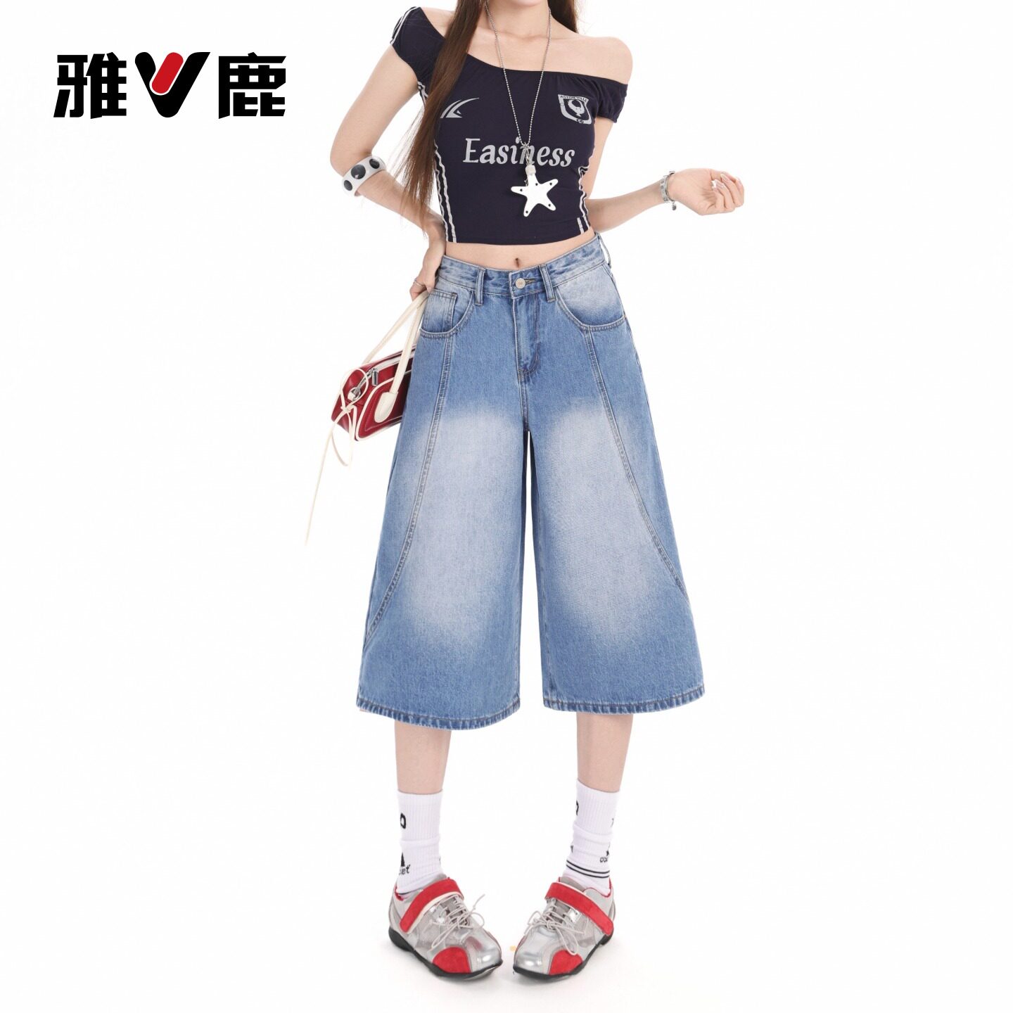 雅鹿浅蓝色七分牛仔裤女2026新款夏季设计感高腰宽松阔腿中裤子Y