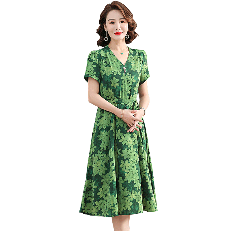 雅鹿短袖宽松收腰妈妈装连衣裙