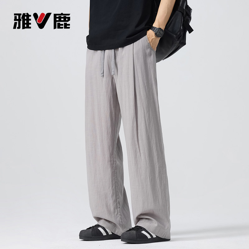 雅鹿棉麻阔腿裤男士夏季薄款透气亚麻宽松直筒垂感百搭休闲长裤YM