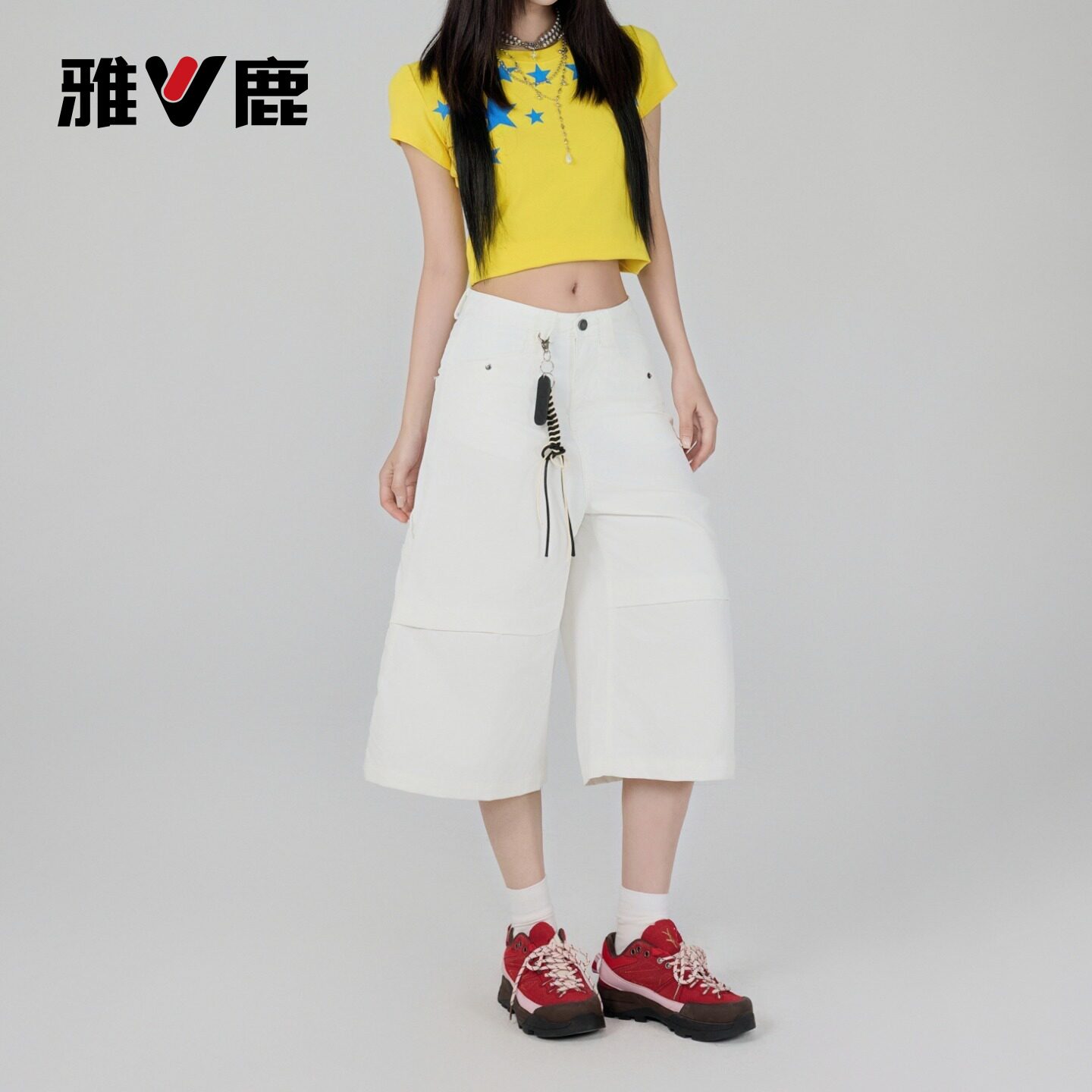 雅鹿白色工装七分牛仔裤女2026新款夏季小个子高腰a字直筒中裤Y