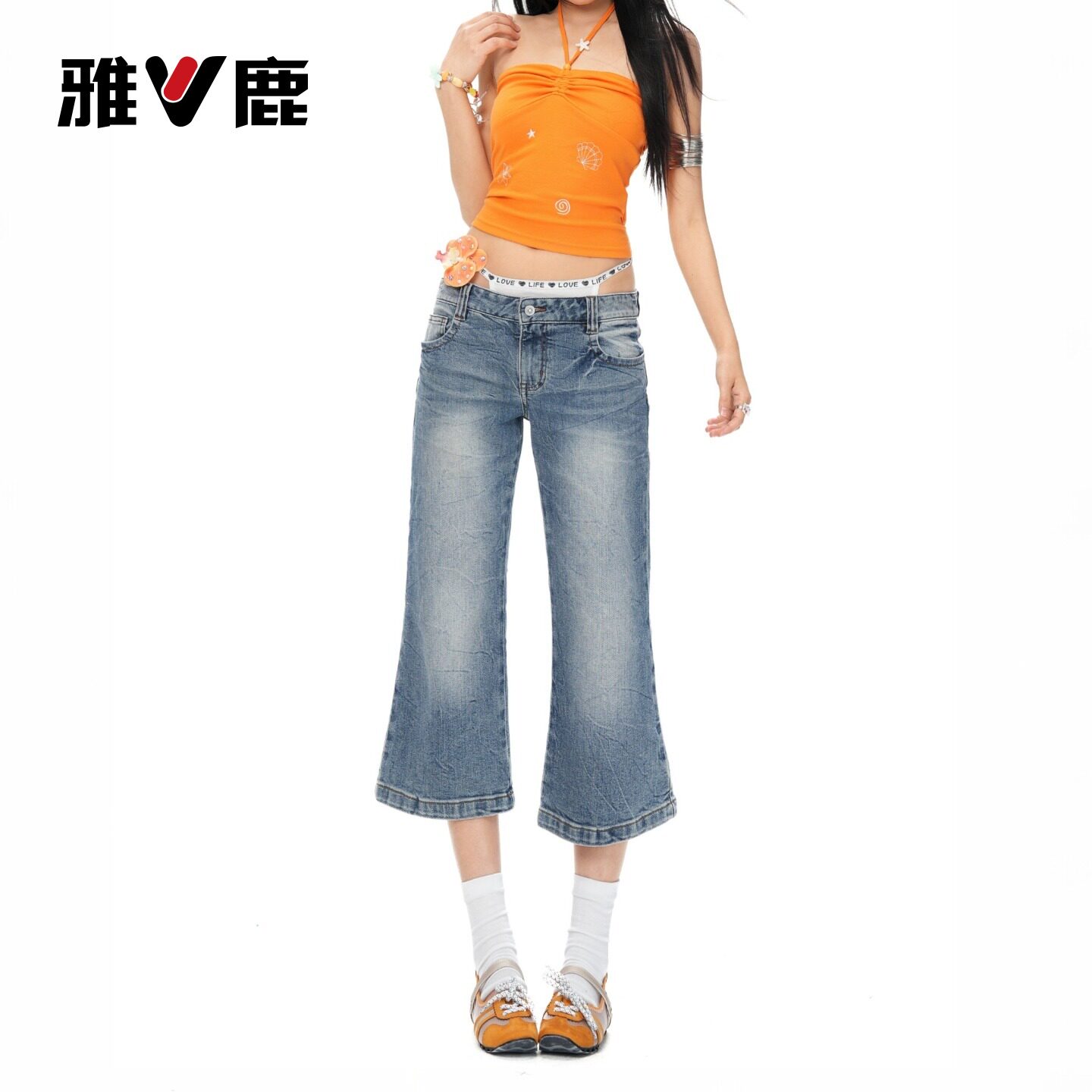 雅鹿美式复古微喇七分牛仔裤女2026新款夏季低腰辣妹喇叭短裤子Y