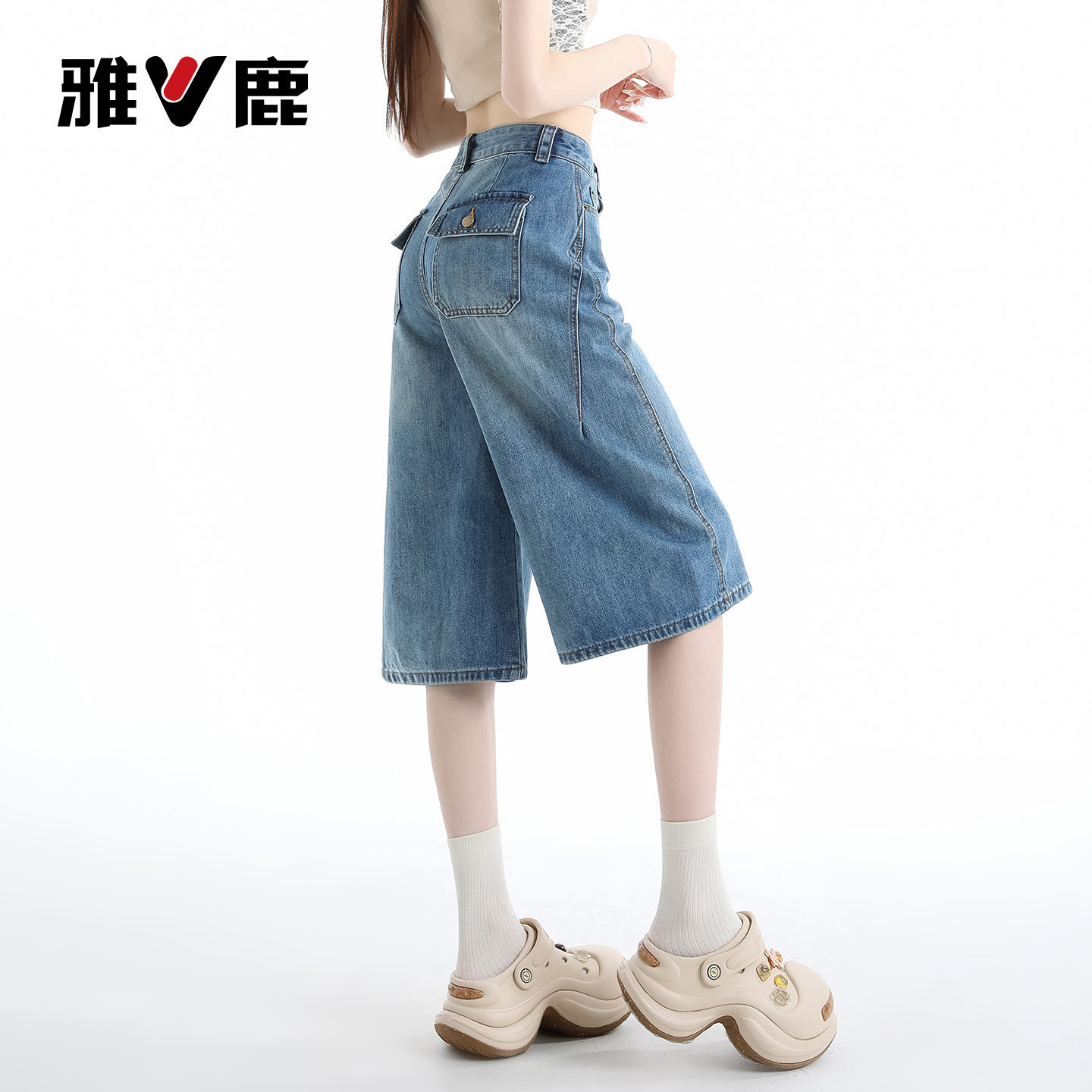 雅鹿阔腿七分牛仔裤女2026新款夏季美式小个子高腰a字弯刀中裤Y