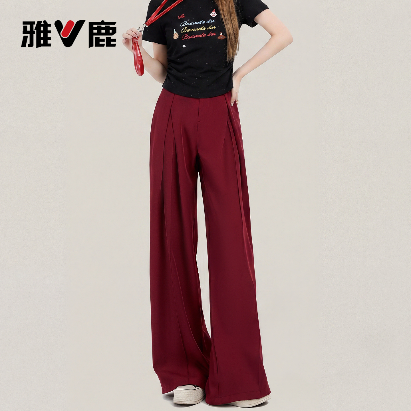 雅鹿红色宽松阔腿休闲裤女2026新款夏季小个子高腰显瘦西装裤子Y