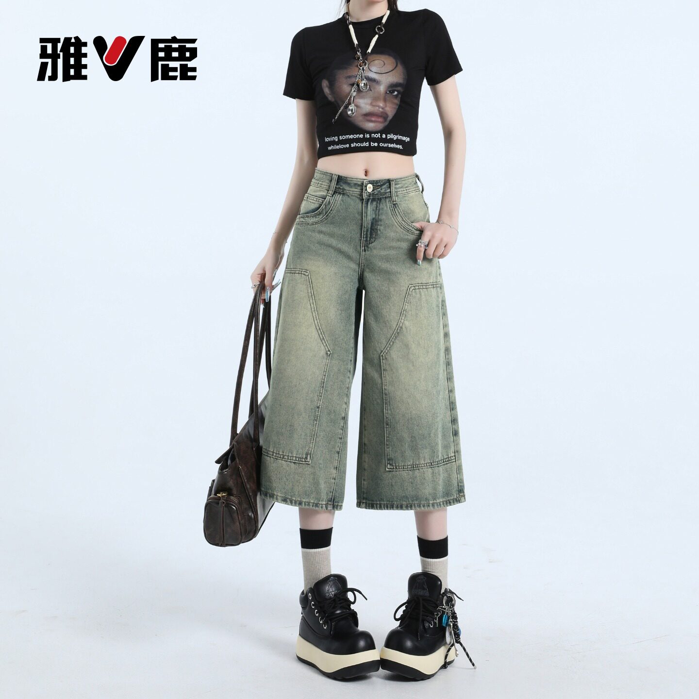雅鹿美式七分牛仔裤女2026夏季新款宽松高腰中裤薄款阔腿短裤子Y